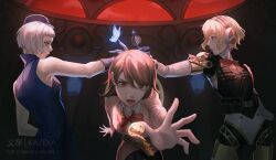 Rule 34 | 3girls, aigis (persona), blonde hair, blue butterfly, blue dress, blue gloves, blue hat, bob cut, bow, bowtie, brown eyes, brown hair, bug, butterfly, cardigan, choker, colosseum, crying, dress, earrings, elizabeth (persona), gloves, hat, highres, holding, holding key, insect, jewelry, joints, kazeya, key, miniskirt, multiple girls, persona, persona 3, pink cardigan, reaching, reaching towards viewer, red bow, red bowtie, red sky, robot girl, robot joints, skirt, sky, stud earrings, takeba yukari