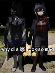 2girls animal_ears arknights black_coat black_hair black_jacket black_pantyhose black_shorts black_vest blue_gloves blue_necktie blue_shorts cigarette coat coat_on_shoulders crying_emoji dual_persona emoji english_text eyes_in_shadow fingerless_gloves full_body gloves green_necktie highres holding holding_cigarette jacket jsjdndhidnshssj long_hair long_sleeves meme multiple_girls necktie night outdoors pantyhose red_shirt shaded_face shirt shorts side-by-side sidelighting standing texas_(arknights) texas_(willpower)_(arknights) texas_the_omertosa_(arknights) thigh_strap torn_clothes torn_necktie vest white_shirt why_dis_ninja_look_so_mad_(meme) wolf_ears wolf_girl yellow_eyes