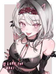 1girl absurdres armlet black_collar black_nails blush breasts chain choppy_bangs collar commentary commission detached_sleeves drawn_horns english_commentary face_filter fangs flower grey_hair hair_ornament highres indie_virtual_youtuber jewelry large_breasts looking_at_viewer pleated_skirt rose shin_nari sitting skirt solo tongue tongue_out two-tone_background virtual_youtuber yunatie0