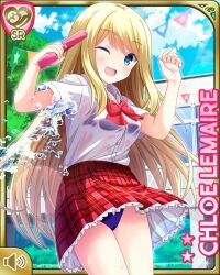 1girl ;d bikini bikini_under_clothes blonde_hair blouse blue_eyes bow bowtie card card_(medium) character_name chloe_lemaire day girlfriend_(kari) holding jacket long_hair looking_at_viewer official_art one_eye_closed open_mouth outdoors plaid_clothes plaid_skirt purple_bikini qp:flapper red_bow red_neckwear red_skirt school school_uniform see-through_clothes see-through_shirt shirt skirt smile solo swimsuit tagme water_gun white_shirt