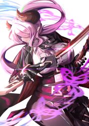 Rule 34 | 1girl, absurdres, braid, breasts, fingerless gloves, gloves, granblue fantasy, hair over one eye, highres, holding, holding sword, holding weapon, horns, large breasts, long hair, narmaya (granblue fantasy), one eye covered, pink hair, pink nails, pointy ears, ponytail, simple background, ssss22snake, sword, weapon, white background