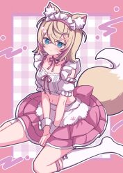 1girl alternate_costume animal_ear_fluff animal_ears apron bandaid bandaid_hair_ornament blonde_hair blue_eyes blush breasts closed_mouth dog_ears dog_girl dog_tail fuwawa_abyssgard hair_ornament hairpin highres hololive hololive_english looking_at_viewer maid maid_apron maid_headdress medium_breasts midriff navel neck_ribbon pink_hair pink_ribbon pink_skirt ribbon sakuraume short_hair sitting skirt socks solo tail thighhighs two_side_up virtual_youtuber wariza white_apron white_headdress white_socks