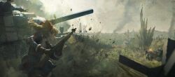 2girls 3others absurdres alicia_melchiott armor blue_skirt brigitte_stark brown_hair character_request commentary_request czech_hedgehog debris edelweiss_(senjou_no_valkyria) explosion firing fur-trimmed_gloves fur_trim gloves gun headscarf highres holding holding_gun holding_weapon long_sleeves looking_afar medium_hair military military_uniform military_vehicle motor_vehicle multiple_girls multiple_others outdoors parted_lips photoshop_(medium) projectile_trail red_scarf rifle scarf senjou_no_valkyria senjou_no_valkyria_(series) senjou_no_valkyria_1 sennikilo shoulder_armor silo skirt smoke submachine_gun tank weapon windmill