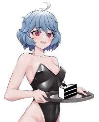 1girl @_@ absurdres ahoge alternate_costume bare_shoulders blue_hair blush cake covered_navel flat_chest food grim_reaper_hana guardian_tales highres holding holding_plate jameson leotard medium_hair no_bra open_mouth plate portable_stove portal_(series) portal_1 red_eyes sweatdrop upper_body white_background