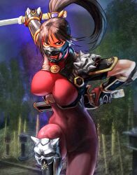 Rule 34 | bodysuit, breasts, brown eyes, brown hair, covered erect nipples, kawano takuji, large breasts, long hair, ninja, official art, ponytail, soul calibur, soulcalibur legends, tagme, taki (soulcalibur)