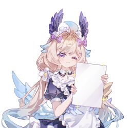 Rule 34 | 1girl, :3, absurdres, ahoge, blonde hair, blush, bow, detached collar, dot nose, dzrzpuna2tcxcu3, enna alouette, hair bow, hair intakes, head wings, highres, holding, holding mirror, low twintails, low wings, maid, maid headdress, mirror, multicolored hair, nijisanji, nijisanji en, one eye closed, puffy short sleeves, puffy sleeves, purple eyes, short sleeves, simple background, solo, sparkle, twintails, two-tone hair, virtual youtuber, white background, wings