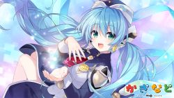 Rule 34 | 1girl, blouse, blue hair, blue hat, garrison cap, green eyes, hair between eyes, hat, kaginado, light blue hair, long hair, purple background, shirt, tagme, tsunako, very long hair, white shirt