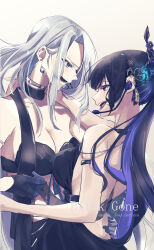 Rule 34 | 2girls, absurdres, alternate costume, backless dress, backless outfit, black bra, black dress, black gloves, black hair, black scarf, blue eyes, bra, breasts, character name, commentary, demon horns, diamond earrings, dress, earrings, gloves, hand on another&#039;s back, highres, hololive, hololive english, horns, jac0 art, jewelry, large breasts, lipstick, long hair, looking at another, makeup, microphone, monarch (amalee), multiple girls, nerissa ravencroft, open mouth, red eyes, scarf, song name, symbol-only commentary, underwear, virtual youtuber, vshojo, white hair