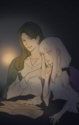 0_ebj 1boy 1girl alternate_costume blue_eyes blunt_bangs blurry book collarbone collared_shirt commentary_request couple dark_room depth_of_field fire_emblem fire_emblem:_three_houses frilled_shirt frills green_hair hair_over_shoulder hand_on_own_chin indoors linhardt_von_hevring linhardt_von_hevring_(timeskip) long_hair long_sleeves looking_down looking_to_the_side low_ponytail lysithea_von_ordelia lysithea_von_ordelia_(timeskip) nintendo open_book parted_bangs parted_lips pink_eyes pink_lips ponytail purple_hair shirt sitting smile spotlight teeth white_shirt wide-eyed
