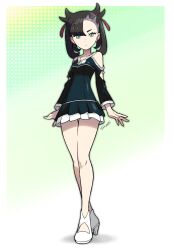 1girl absurdres alternate_costume asymmetrical_bangs bare_legs black_dress black_hair border breasts closed_mouth crossed_legs dress earrings frilled_dress frills full_body gradient_background green_background green_eyes hair_ribbon highres jewelry long_sleeves looking_at_viewer marnie_(pokemon) nintendo pokemon pokemon_swsh red_ribbon ribbon shoes short_dress siczak signature single_earring small_breasts solo standing thighs twintails undercut watson_cross white_border white_shoes