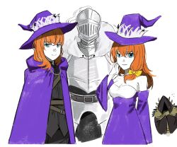 1girl 2boys armor asdf1211950 black_souls cape character_request closed_mouth detached_sleeves dorothy_(black_souls) dress full_armor genderswap genderswap_(ftm) grimm_(black_souls) hat highres knight long_hair looking_at_viewer multiple_boys open_mouth orange_hair purple_cape purple_dress purple_hat recursive_genderswap simple_background smile white_background witch_hat