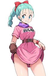 1girl aqua_hair belt blue_eyes bracelet braid brown_belt brown_gloves bulma character_name clothes_lift dragon_ball dragon_ball_(classic) dress gloves grin hair_ribbon highres ikaringo_(ikaringo4444) jewelry looking_at_viewer pink_dress purple_scarf red_ribbon ribbon scarf smile solo white_background