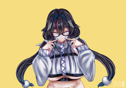 Rule 34 | 1girl, absurdres, belt, black belt, black hair, blue eyes, blue nails, blush, breasts, chest belt, commentary, cropped jacket, english commentary, glasses, highres, large breasts, long hair, long sleeves, looking at viewer, low twintails, mea (manami030), multicolored hair, nail polish, open mouth, original, red hair, simple background, smile, solo, streaked hair, turtleneck, twintails, underboob, yellow background