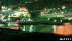 1boy absurdres boat chinese_commentary city commentary_request crossed_ankles dragon eastern_dragon from_behind highres ji&#039;e_juji night original outdoors painting_(medium) pants reflection reflective_water river shirt short_hair short_sleeves silhouette sitting t-shirt traditional_media watercraft watermark weibo_watermark wide_shot window