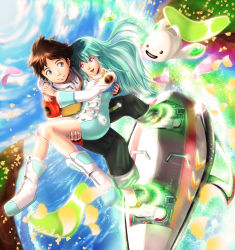1boy 1girl aqua_eyes blue_eyes boots brown_hair carrying cloud collar couple day eureka_(eureka_seven) eureka_seven eureka_seven:_pocket_ga_niji_de_ippai eureka_seven_(series) hetero highres long_hair luke_c nirvash open_mouth petals princess_carry purple_eyes ref_board renton_thurston short_hair sky smile white_footwear