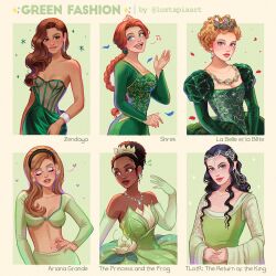 Rule 34 | 6+girls, ariana grande, arwen, belle (la belle et la bete), black hair, blonde hair, braid, breasts, brown hair, character name, cleavage, closed eyes, commentary, copyright name, curly hair, dark-skinned female, dark skin, dress, earrings, elbow gloves, elf, english commentary, fashion, flower, gloves, green dress, green gloves, green shirt, green skirt, green theme, hairband, highres, jewelry, la belle et la bete (2014), large breasts, long hair, long sleeves, looking at viewer, luztapiaart, midriff, multiple girls, necklace, orange hair, pointy ears, princess, princess fiona, real life, see-through clothes, shirt, short hair, shrek (series), single braid, skirt, smile, strapless, strapless dress, the lord of the rings, the princess and the frog, tiana (the princess and the frog), tiara, tolkien&#039;s legendarium, very dark skin, zendaya