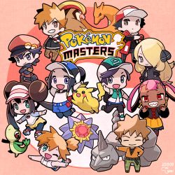 4boys 6+girls :d ;d bare_arms baseball_cap belt bettie_(pokemon) black_coat black_hair black_jacket black_legwear blonde_hair blue_oak blue_shorts blunt_bangs brock_(pokemon) brown_eyes brown_hair brown_pants charizard chibi closed_mouth coat commentary_request coogee copyright_name crossed_arms cynthia_(pokemon) dark-skinned_female dark_skin earrings eyelashes fur-trimmed_coat fur_trim gen_1_pokemon gen_5_pokemon green_eyes green_pants grey_eyes hair_ornament hair_over_one_eye hair_rings hair_tie hands_up hat highres holding holding_poke_ball jacket jewelry looking_at_viewer misty_(pokemon) multiple_boys multiple_girls nintendo one_eye_closed onix open_clothes open_coat open_mouth orange_hair orange_skirt outstretched_arms pants pantyhose pidgeot pikachu pink_hair poke_ball poke_ball_(basic) pokemon pokemon_(creature) pokemon_bw2 pokemon_dppt pokemon_hgss pokemon_lgpe pokemon_masters_ex pokemon_ranger_(pokemon) punk_girl_(pokemon) red_(pokemon) red_(sygna_suit)_(pokemon) red_coat red_eyes red_headwear rosa_(pokemon) scottie_(pokemon) sharp_teeth shoes short_hair shorts skirt smile sneakers snivy spiked_hair starmie swept_bangs teeth yellow_shorts