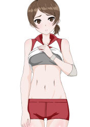 1girl absurdres breasts brown_eyes brown_hair girls_und_panzer gym_uniform highres kawanishi_shinobu lifting_own_clothes looking_at_viewer marin_kenraku medium_breasts navel solo sports_bra sportswear volleyball_uniform