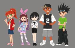 2boys 3girls absurdres aqua_shirt arms_behind_back baseball_cap basketball_jersey black_eyes black_hair black_hat black_pants black_ribbon black_shirt black_shoes black_shorts blue_shorts blunt_bangs blunt_ends blush_stickers bow brown_eyes brown_hair cargo_pants child choker closed_mouth cody_jones collared_shirt commentary_request crew_neck dark-skinned_male dark_skin denim denim_shorts double-parted_bangs dress_shirt earrings eyelashes eyewear_on_head footwear_bow freckles frilled_socks frills gold_earrings green_eyes green_pupils green_shirt grey_background grey_shorts grin hair_between_eyes hair_ribbon hairband hand_in_pocket hand_on_own_arm hands_on_own_hips hat head_tilt heart heart_necklace high_ponytail highres hood hood_down hooded_jacket hoop_earrings horizontal-striped_thighhighs hyogonosuke jacket jersey jewelry key key_necklace legs_apart legs_together loafers logo_print long_hair long_sidelocks looking_at_viewer looking_to_the_side luke_laveau maria_elena_esperanto miniskirt multicolored_hair multicolored_shirt multiple_boys multiple_girls necklace no_lineart official_art open_mouth orange_hair pants pink_bow pink_choker pink_ribbon pink_shoes pleated_skirt pointing pointing_up polka_dot polka_dot_shirt ponytail pouch print_hat print_shirt purple_hair purple_skirt purple_stripes purple_thighhighs quinn_key red_hood red_jacket red_shoes red_sleeves ribbon rika_takeda shirt shoes short-sleeved_jacket short_sleeves shorts side-by-side sidelocks skirt skirt_hold smile sneakers socks spiked_hair standing straight-on streaked_hair striped_clothes striped_thighhighs sunglasses t-shirt teeth the_code_busters_club thighhighs three-quarter_sleeves tongue toon_(style) two-tone_thighhighs upper_teeth_only v v-shaped_eyebrows very_long_hair watch white-framed_eyewear white_shirt white_shoes white_sleeve_cuffs white_socks white_thighhighs wing_collar wristband wristwatch
