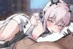 1boy 1girl absurdres animal_ears bare_shoulders blank_censor blue_eyes breasts bright_pupils censored commission dress fake_animal_ears hair_ornament headgear highres long_hair mango_(mgo) mechanical_arms mechanical_ears medium_breasts nipples penis pink_hair pixiv_commission pov punishing:_gray_raven teddy_(pgr) thighs tongue tongue_out white_dress white_pupils