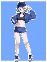 1girl absurdres alternate_costume black_sports_bra blue_background blue_eyes blue_hair blue_hat blue_jacket blue_shorts border breasts collarbone commentary_request cropped_jacket full_body furina_(genshin_impact) genshin_impact grin hair_between_eyes hand_on_own_hip hat headphones headphones_around_neck highres jacket long_sleeves midriff multicolored_hair narawannko navel open_clothes open_jacket outline shoes short_hair short_shorts shorts simple_background small_breasts smile sneakers solo sports_bra standing streaked_hair twitter_username two-tone_hair v white_border white_hair white_outline