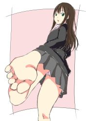 1girl back barefoot blush brown_hair cardigan commentary_request feet foot_focus from_behind green_eyes highres idolmaster idolmaster_cinderella_girls idolmaster_cinderella_girls_starlight_stage jewelry leafar long_hair looking_at_viewer looking_back necklace necktie no_shoes open_mouth school_uniform shibuya_rin skirt soles toes