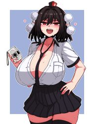 1girl alternate_breast_size black_hair black_necktie black_skirt black_thighhighs breasts camera cleavage collared_shirt commentary_request cowboy_shot formicid grey_background hand_on_own_hip hat heart highres holding holding_camera huge_breasts korean_commentary looking_at_viewer necktie open_mouth pleated_skirt pointy_ears pom_pom_(clothes) red_eyes red_hat shameimaru_aya shirt short_hair short_sleeves skirt solo sweat thighhighs tokin_hat touhou white_shirt