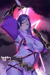 1girl arm_up black_gloves bodysuit breasts covered_navel curvy fate/grand_order fate_(series) fingerless_gloves gloves highres katana kurozawa_yui large_breasts long_hair minamoto_no_raikou_(fate) parted_bangs purple_bodysuit purple_eyes purple_hair ribbed_sleeves rope sword tabard very_long_hair weapon