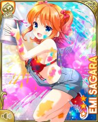 1girl :d bikini blue_eyes blue_sky bow breasts bucket cleavage day girlfriend_(kari) grey_overalls hair_behind_ear holding holding_bucket large_breasts midriff official_art open_mouth orange_hair outdoors overall_shorts overalls paint paint_can paint_on_body paint_on_clothes paint_palette qp:flapper red_bikini red_bow red_shoes sagara_emi shoes sky smile sneakers socks standing standing_on_one_leg swimsuit tagme two_side_up