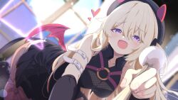 1girl :d all_fours bare_shoulders belt beret black_dress black_shoes blonde_hair blurry blurry_background blush boots breasts buckle collarbone collared_dress commission demon_girl demon_tail demon_wings depth_of_field detached_sleeves dress ear_cleaning fake_horns fangs fishnets hair_between_eyes half-closed_eyes hat heart highres holding horned_headwear horns indoors long_hair looking_at_viewer low_wings medium_breasts mimikaki mini_wings moon night o-ring open_mouth original pleated_dress pleated_skirt purple_eyes red_wings shiro9jira shoes short_dress skeb_commission skirt sleeveless sleeveless_dress smile solo tail thigh_strap thighhighs very_long_hair white_belt window wings