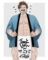1boy abs alughing black_clover black_hair facial_hair feet_out_of_frame fundoshi happi highres japanese_clothes laughing male_focus mature_male muscular muscular_male octo33 official_alternate_costume pectoral_cleavage pectorals short_hair solo sparse_leg_hair spiked_hair stubble tank_top thank_you tsurime yami_sukehiro