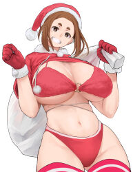 Rule 34 | 1girl, bra, breasts, brown eyes, brown hair, christmas, cleavage, gloves, hat, highres, holding, holding sack, huge breasts, kaii to otome to kamikakushi, navel, nujima, o-ring, ogawa sumireko, panties, red bra, red panties, red thighhighs, sack, santa gloves, santa hat, smile, striped clothes, striped thighhighs, thighhighs, underwear