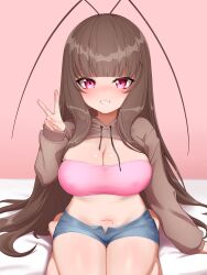 1girl absurdres antennae breasts brown_hair commission crop_top denim denim_shorts goki_buri gokiburi-chan highres hood hoodie large_breasts looking_at_viewer mole mole_on_stomach nail_polish original pink_eyes pixiv_commission plump seiza short_shorts shorts simple_background sitting smile solo sweater thighs v