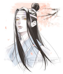 Rule 34 | 1boy, bishounen, black hair, branch, cherry blossoms, chinese clothes, closed mouth, expressionless, falling petals, floating hair, hair bun, hanfu, headband, lan wangji, limited palette, long hair, looking at viewer, male focus, modao zushi, petals, portrait, sidelocks, single hair bun, solo, topknot, tree, twitter username, upper body, watermark, white background, white hanfu, white headband, xiao guan (headdress), yellow eyes, ykmr (haga)