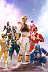 2girls 5boys adam_park aisha_campbell arm_guards armor belt black_bodysuit blue_bodysuit bodysuit boots commentary dagger dino_buckler dragon_ranger gloves glowing glowing_lines gold_armor gold_trim green_bodysuit helmet highres holding holding_dagger holding_knife holding_sword holding_weapon in-hyuk_lee kiba_ranger kimberly_ann_hart knife looking_at_viewer mammoth_ranger mighty_morphin_black_ranger mighty_morphin_blue_ranger mighty_morphin_green_ranger mighty_morphin_pink_ranger mighty_morphin_power_rangers mighty_morphin_red_ranger mighty_morphin_white_ranger mighty_morphin_yellow_ranger multiple_boys multiple_girls official_art on_one_knee pink_bodysuit power_rangers power_rangers_(boom!_studios) ptera_ranger red_bodysuit rocky_desantos shoulder_armor sword tiger_ranger tommy_oliver tricera_ranger tyranno_ranger watermark weapon web_address white_bodysuit william_cranston yellow_bodysuit