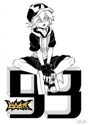 Rule 34 | 1boy, aotu world, baseball cap, copyright name, drawstring, fingerless gloves, full body, gloves, greyscale, hair between eyes, hat, hood, hood down, hoodie, indian style, king (aotu world), looking at viewer, male focus, monochrome, multicolored hat, multicolored hoodie, numbered, official art, open mouth, pointy ears, qi chuang she, shoes, short sleeves, shorts, simple background, sitting, sneakers, solo, third-party source, white background