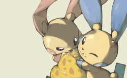 assoso berry_(pokemon) brown_eyes closed_mouth eating food gen_3_pokemon highres minun nintendo no_humans one_eye_closed plusle pokemon pokemon_(creature) simple_background