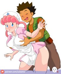 1boy 1girl blue_eyes blush brock_(pokemon) caisama hat joy_(pokemon) nintendo nurse nurse_cap pink_hair pokemon pokemon_(anime) pokemon_(classic_anime)