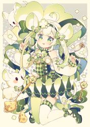 Rule 34 | 1girl, :q, ahoge, animal ears, asymmetrical legwear, bare shoulders, bloomers, blush, bow, bowtie, cheese, closed mouth, clover, commentary, detached sleeves, dress, food, full body, green bow, green bowtie, green dress, green eyes, green hair, green hairband, green nails, green pantyhose, green shoes, grey background, hairband, high heels, holding, holding spoon, hyou (pixiv3677917), key, letter, long hair, long sleeves, looking at viewer, mouse (animal), mouse ears, mouse girl, mouse tail, multicolored hair, multicolored nails, nail polish, original, outline, pantyhose, shoes, single leg pantyhose, single thighhigh, sleeveless, sleeveless dress, solo, spoon, symbol-only commentary, tail, tail bow, tail ornament, thick eyebrows, thighhighs, tongue, tongue out, twintails, two-tone hair, underwear, uneven legwear, vase, white background, white bloomers, white hair, white outline, white sleeves, white thighhighs, yellow nails