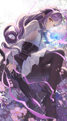 1girl absurdres ascot black_corset black_pantyhose black_shoes black_umbrella braid breasts commentary_request corset crystal dress floral_background half_up_braid highres hnbsgy holding holding_umbrella long_hair looking_at_viewer pantyhose parted_lips purple_ascot purple_hair red_eyes shoes sideboob solo umbrella vivian_banshee white_dress zenless_zone_zero