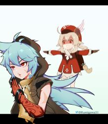 1boy 1girl 2021 blonde_hair blue_hair genshin_impact highres klee_(genshin_impact) razor_(genshin_impact) red_eyes rumi_(rumigawa31) running t-pose