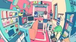 1girl akabane_1999 bookshelf bottle brown_hair can cat chair clock coffee_maker commentary_request computer computer_keyboard computer_mouse denim denim_shorts drink_can fisheye grey_cat hair_bun hanging_plant highres indoors juice_box loaded_interior long_sleeves monitor original plant potted_plant scenery shirt shorts slice_of_life socks soda_can solo speaker spray_bottle trash_can tree vending_machine wallet white_shirt window window_blinds