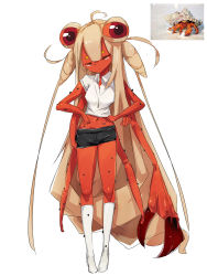 1girl blonde_hair colored_skin crab_girl extra_eyes closed_eyes female_focus highres long_hair midriff monster_girl my700 navel original red_skin reference_photo simple_background skirt socks solo white_background