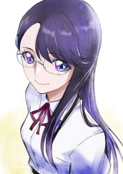 1girl blue_eyes closed_mouth commentary dress_shirt glasses hair_ornament hairclip heartcatch_precure! highres long_hair myoudou_gakuen_high_school_uniform neck_ribbon precure purple_hair red_ribbon ribbon school_uniform shirt solo tsukikage_oyama tsukikage_yuri upper_body white_shirt