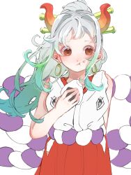 Rule 34 | 1girl, aqua hair, commentary request, cowboy shot, earrings, eating, food, food on face, hair ornament, hakama, highres, horns, japanese clothes, jewelry, one piece, onigiri, ponytail, red hakama, rope, shimenawa, sidelocks, simple background, solo, u mi031, white background, white hair, yamato (one piece)