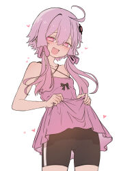 1girl ahoge bare_shoulders bike_shorts blush cowboy_shot dress embarrassed fang hair_between_eyes hair_ribbon heart heart-shaped_pupils highres long_hair looking_to_the_side open_mouth pink_dress pink_eyes pink_hair pink_ribbon ribbon simple_background skin_fang skirt_hold smile solo symbol-shaped_pupils takanashi_yuki twintails voiceroid white_background yuzuki_yukari yuzuki_yukari_(onn)