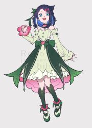 1girl bare_shoulders black_hair blue_eyes blue_hair blush breasts cosplay cowlick dress eyelashes frilled_dress frills green_dress hair_ornament hairclip highres liko_(pokemon) long_hair looking_at_viewer mayona_(mayona1poke) meowscarada meowscarada_(cosplay) multicolored_hair nintendo open_mouth pokemon pokemon_(anime) pokemon_horizons puffy_sleeves simple_background smile solo white_background