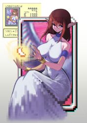 1girl angel_wings arm_cuffs bare_shoulders blue_eyes bracer breasts brown_hair card casting_spell dress duel_monster expressionless eyelashes feathered_wings hair_between_eyes halter_dress halterneck highres impossible_clothes impossible_dress large_breasts maiden_of_the_moonlight medium_hair pixel_art pixelated pointy_ears shakeeeeeeeee sitting solo white_dress white_wings wings yu-gi-oh! yu-gi-oh!_dark_duel_stories