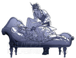 1boy 1girl aerith_gainsborough aerith_gainsborough_(classic_coney) animal_ears arm_ribbon black_hair black_pants black_vest blanket butler closed_eyes closed_mouth commentary couch covering_with_blanket dress easter facing_another final_fantasy final_fantasy_vii final_fantasy_vii_ever_crisis flower flower_dress full_body gloves hair_ornament holding holding_blanket huosheanng leaning_forward lying monochrome official_alternate_costume on_couch on_side pants rabbit_ears ribbon shirt shoes sleeping smile spiked_hair standing symbol-only_commentary vest white_background zack_fair zack_fair_(bunny_butler)
