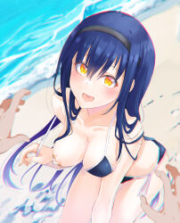 1girl 1other :d absurdres alternate_costume areola_slip bandaid bandaids_on_nipples bare_shoulders beach bikini bikini_pull bikini_top_pull black_bikini black_hair black_hairband blurry blush breasts chromatic_aberration cleavage clothes_pull collarbone commentary covered_erect_nipples day depth_of_field dutch_angle eyelashes eyes_visible_through_hair floating_hair from_above hair_between_eyes hair_over_breasts hair_over_shoulder hairband happy highres kushima_kamome large_breasts long_hair looking_at_viewer mu-chu ocean one_breast_out open_mouth outdoors pasties pov pov_hands pulling_own_clothes side-tie_bikini_bottom sitting smile solo_focus straight_hair summer_pockets sweatdrop swimsuit upturned_eyes very_long_hair yellow_eyes yellow_pupils